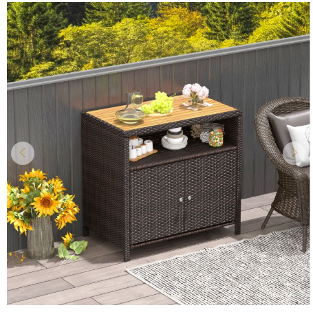 Rattan Storage Cabinet with Acacia Wood Countertop for Poolside Deck and Patio-Brown