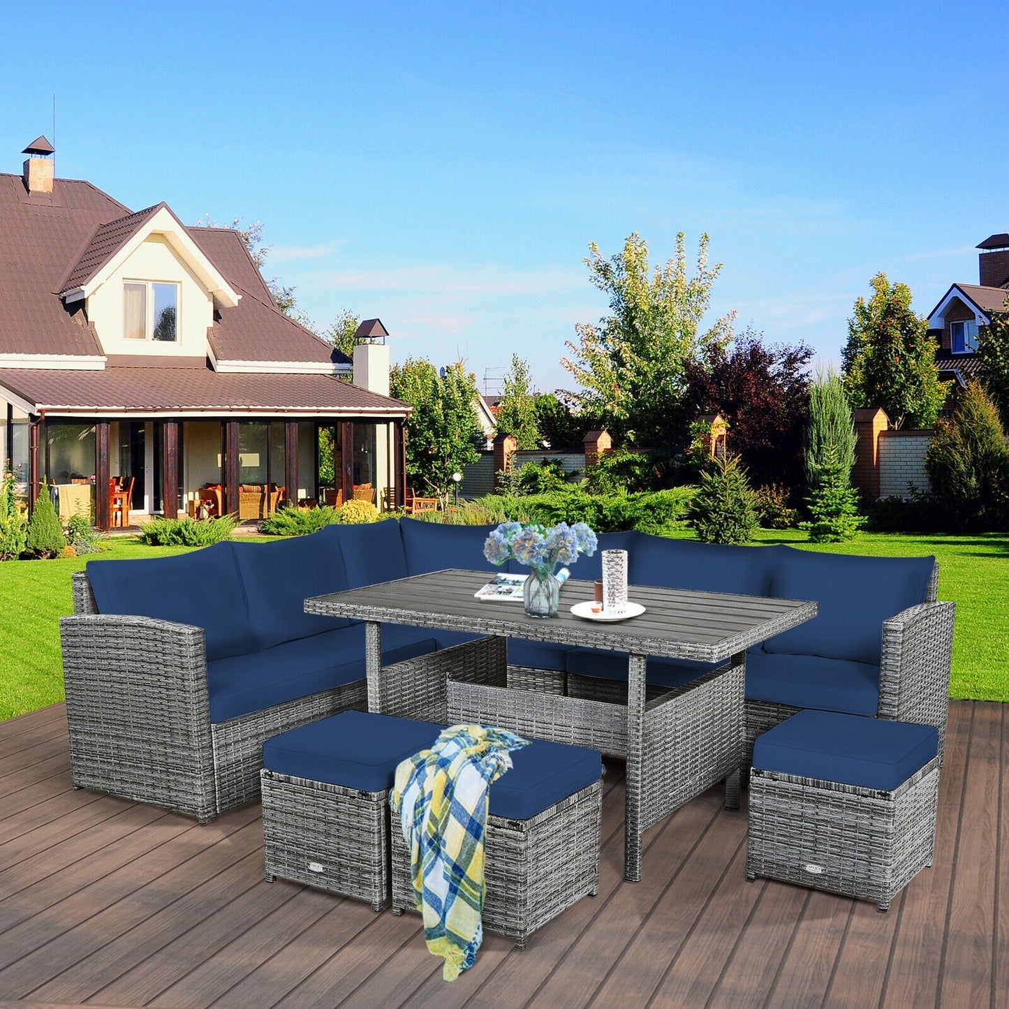NO TAX SPECIAL, 7 Pieces Patio Rattan Dining Furniture Sectional Sofa Set with Wicker Ottoman-Navy (Copy)