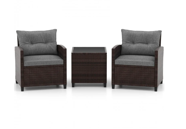 3 Pieces Cushioned Rattan Patio Conversation Set with Coffee Table-Grey (Assembled)