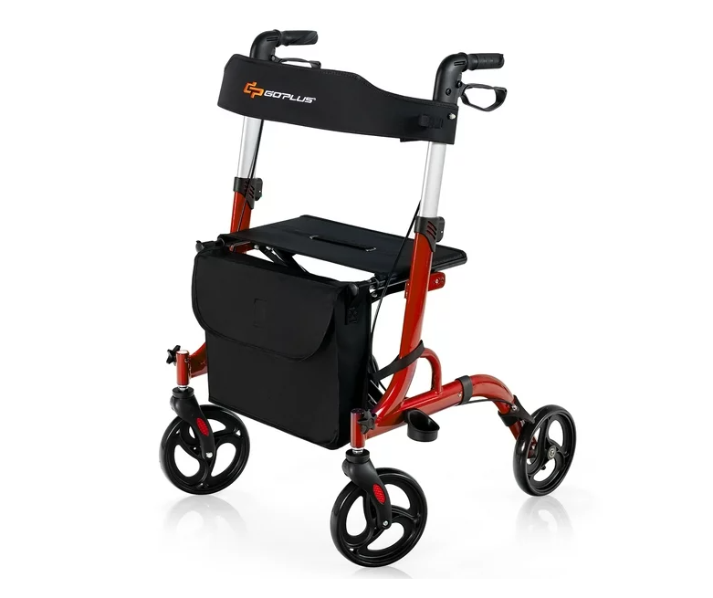 Folding Aluminum Rollator Walker with 8-inch Wheels and Seat - Red