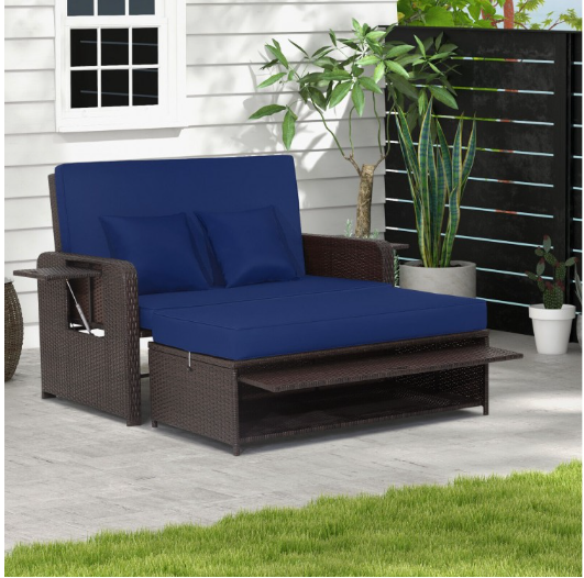 Patio Rattan Daybed with 4-Level Adjustable Backrest and Retractable Side Tray-Navy (Assembled)