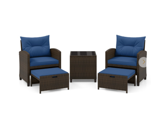 5PCS Outdoor Rattan Conversation Set Wicker Lounge Chairs with 2 Ottoman Stools and Glass Top Side Table-Navy (Assembled)