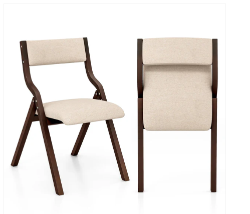 Set of 2 Wooden Folding Dining Chair with Linen Fabric Padded Seat and Backrest-Coffee
