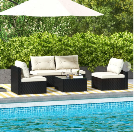 SPECIAL - 5 Piece Outdoor Furniture Set with Solid Tabletop and Soft Cushions-White (Assembled)