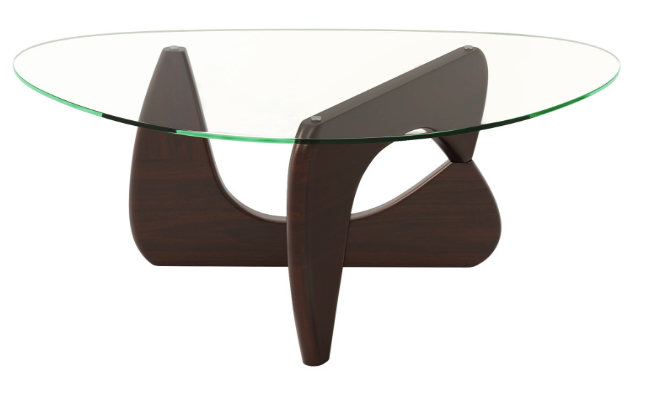 Triangle Coffee Table with Tempered Glass Top and Adjustable Rubber Wood Base (Assembled)