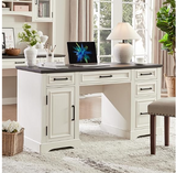 58" Executive Desk, Farmhouse Computer Desk with Drawers and Cabinet, Off White/Black (Scratch and Dent)