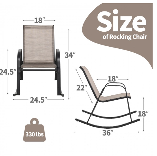 Heavy-Duty Metal Patio Rocking Chair with Breathable Seat Fabric-Brown