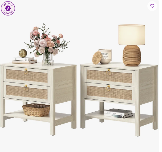 SET of 2 - Pomodoro Rattan Nightstand With 2-Drawer And 1 Open Shelf (Fully Assembled)