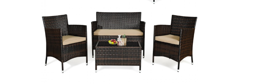 4 Pieces Patio  Set with Soft Cushions and Tempered Glass Tabletop - Lt Brown (1 Box, Unassembled)
