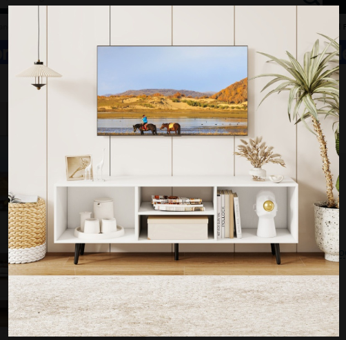 47.5 Inches Tv Stand For 55-Inch Tv With Compartments And Metal Legs-White