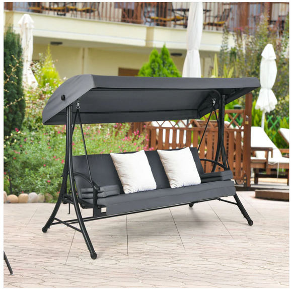 Large 3-Seat Patio Outdoor Swing with Adjustable Tilt Canopy-Gray - Unassembled