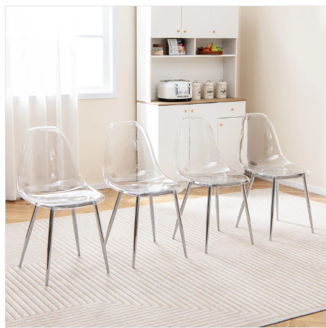 Set of 4, Kitchen Chairs w/Transparent Seat & Curved Back