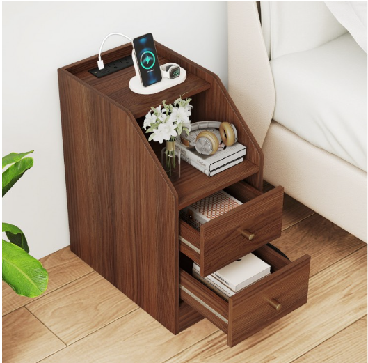 Side End Table with Charging Station Sofa Couch Table with Shelf Drawers-Walnut (Assembled)