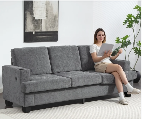 3 Seater Sofa with USB Ports & Cup Holders, Chenille-Feel Upholstered Couch for Living Room, Grey