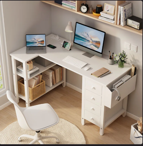 L-Shaped Computer Desk with Drawers & Storage Shelves - Scratch and Dent -(Fully Assembled)