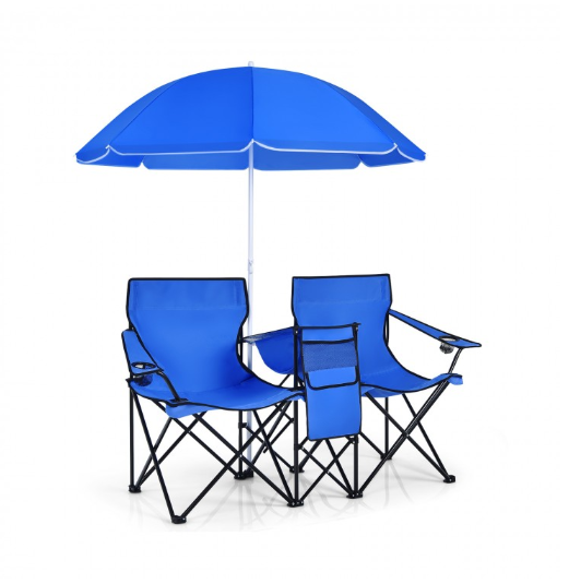 Portable Folding Picnic Double Chair With Removable Umbrella-Navy