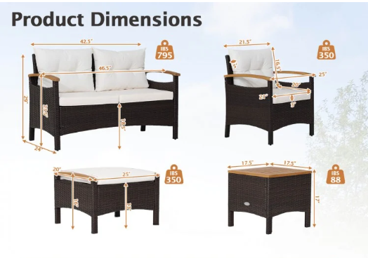 5 Piece Rattan Patio Sofa Set with Acacia Wood Tabletop and Armrests (Assembled) - See Notes