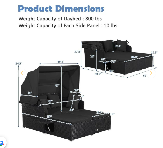 Patio Rattan Daybed with Retractable Canopy and Side Tables-Black (1 box unassembled)