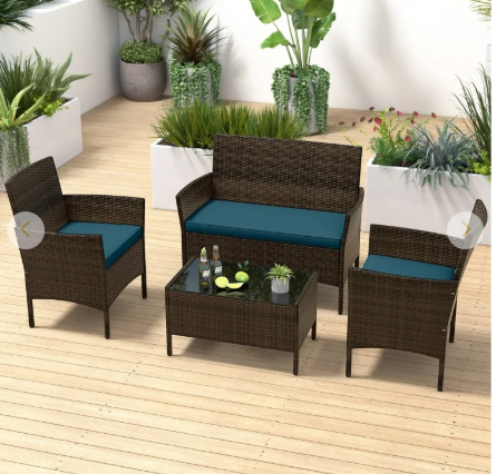4 Piece Patio Rattan Conversation Set with Cozy Seat Cushions-Peacock Blue (Assembled)