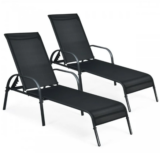 2 Pieces Outdoor Patio Lounge Chair Chaise Fabric with Adjustable Reclining Armrest-Black