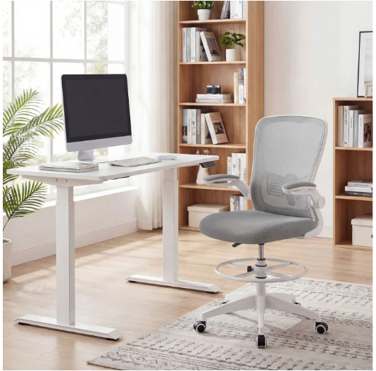 Height Adjustable Drafting Chair with Flip Up Arms for Home Office-Gray