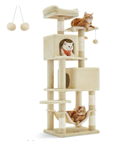 (Unassembled) - Cat Condo, cat  tree, 61-Inch Cat Tower with 5 Scratching Posts, 2 Perches, 2 Caves, Hammock, 2 Pompoms, Beige (1 Box, Unassembled)