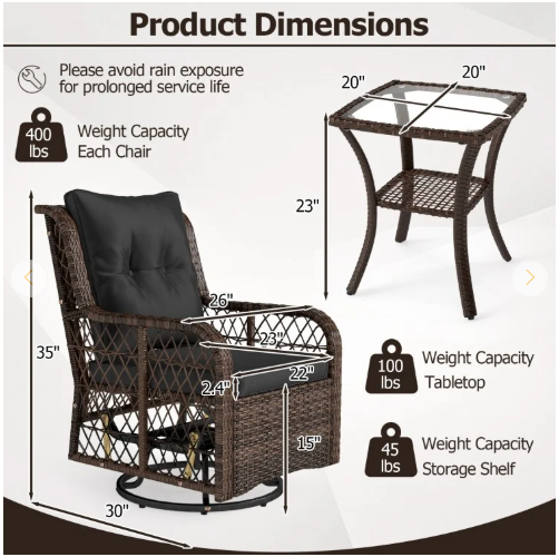 3 Pieces Patio Furniture Set PE Wicker Swivel Glider Chairs with 2-Tier Side Table and Cushions-Black (Assembled)