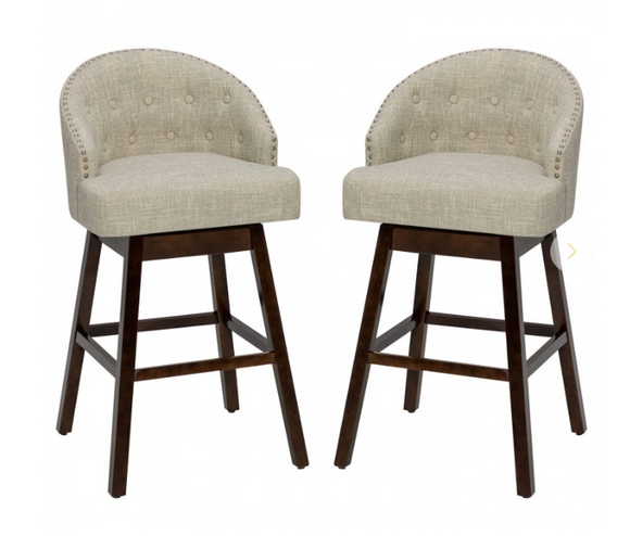 Set of 2 Swivel Bar Stools with Rubber Wood Legs and Padded Back