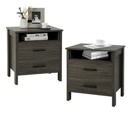 2PCS Nightstand End Table w/ 2 Drawers Cable Hole - Walnut