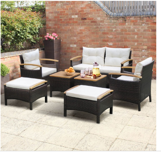 5 Piece Rattan Patio Sofa Set with Acacia Wood Tabletop and Armrests (Assembled) - See Notes