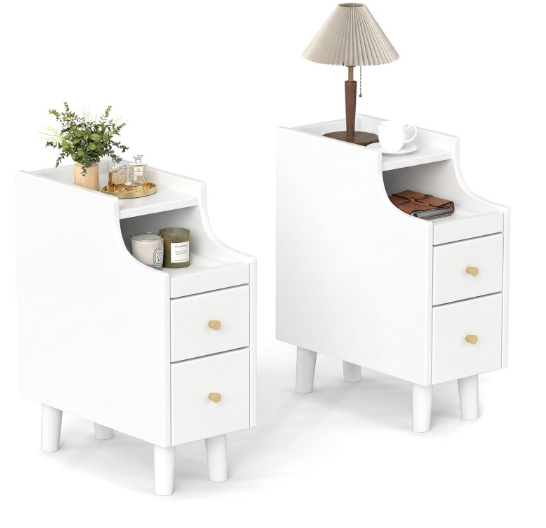 Set of 2 Solid Wood Night Side Table with Pull-out Tray and 2 Storage Drawers - White
