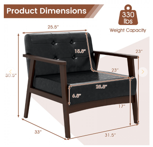 Rubber Wood Frame Accent Chair with Armrest for Living Room-Black (Assembled)