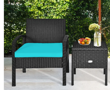 2 Piece Rattan Wicker chair and Coffee Table - Turquoise