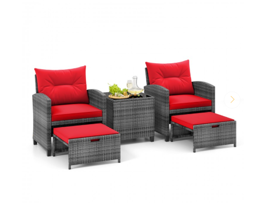 5 Piece Patio Rattan Furniture with 2 Ottomans and Tempered Glass Coffee Table-RED (Fully Assembled)