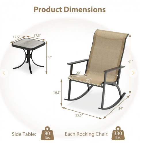 Heavy-Duty Rocking Bistro Chairs and Table Set -Brown