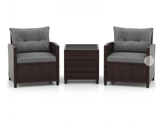 3 Pieces Patio Furniture Set with Tempered Glass Coffee Table-Grey - (Assembled)