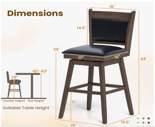 Set of 2 - 29 Inch Padded Bar Stools with Swivel Seat and Footrest - Fully Assembled