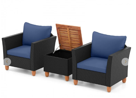3PCS Patio Rattan Furniture Set Cushioned Conversation Set Coffee Table Navy (Fully Assembled)