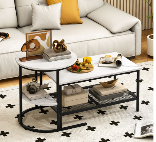 Coffee Table Set-2-Tier Rectangle Coffee Table and Side End Table with Storage Shelves