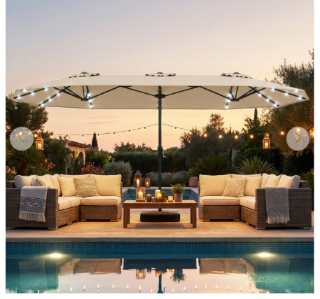 13FT Double-sided Patio Umbrella with Solar Lights for Garden Pool Backyard-Beige