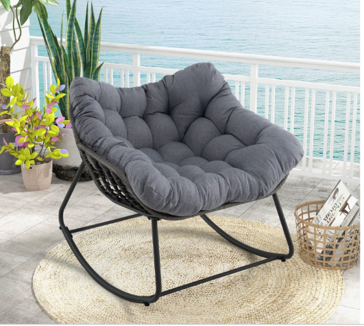 Outdoor Rocking Chair Oversized Patio PE Wicker Egg Chair with Cushion-Gray (Assembled)