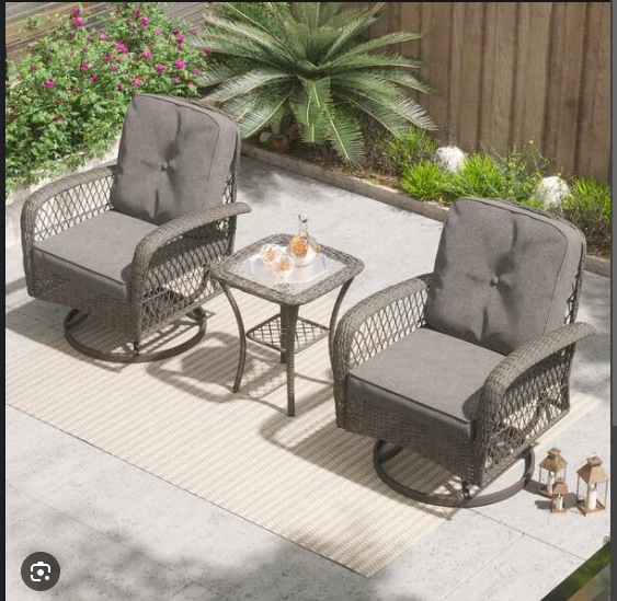 3-piece Steel Wicker Patio Swivel Chair Set with Dark Gray Cushions - Assembled