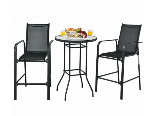 3 Pieces Outdoor Patio Bar Table Stool Set-Black (Assembled)