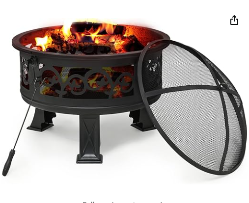 26" Wood Burning Fire Pit Floral Pattern , Black (Manufactures Defect)