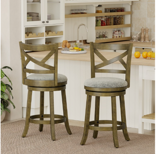 Set of 3 -25 Inch Swivel Counter Barstools with Backrest & Upholstered Seat-Beige