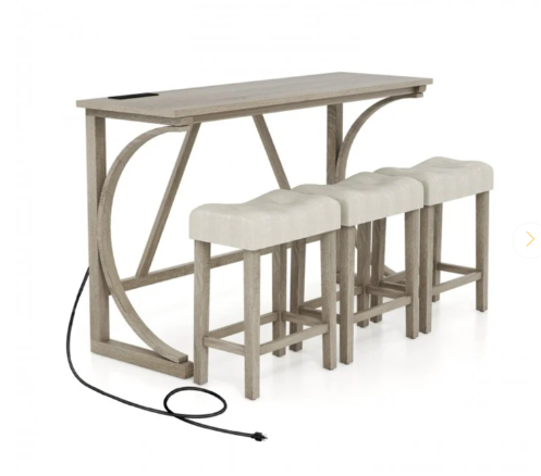 4-Piece Bar Table Set with Power Outlet and Upholstered Saddle Seat Stools (Fully Assembled)