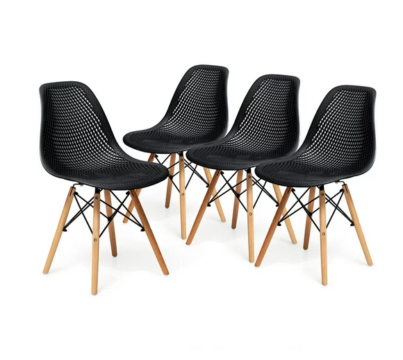 4 Pieces Modern Plastic Hollow Chair Set with Wood Leg