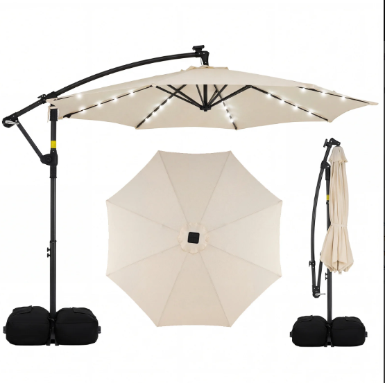 10 Feet Cantilever Umbrella with 32 LED Lights and Solar Panel -Beige (Customer Return)