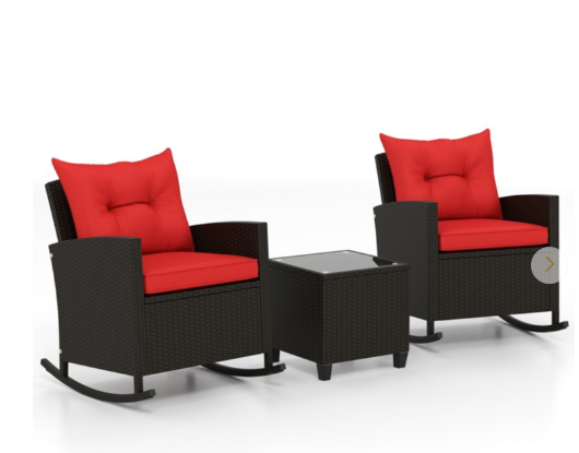 3-Piece Patio Rattan Rocker Chairs with Glass Table, Red (Fully Assembled)