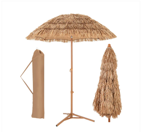 Special, No Tax - 6.5 Feet Thatched Tiki Umbrella with Foldable Stand Push Button Tilt-Natural